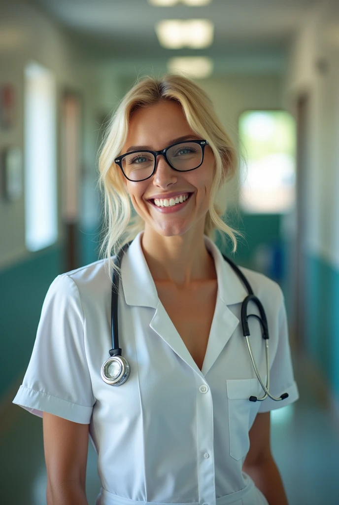 Full length portrait of a beautiful 24 year old blonde woman, wearing a nurse uniform, hospital, natural soft lights, 85mm canon lens, realistic portrait, Very detailed, analogue style, deep cleavage, sexy pose, big breasts, nerdy glasses, laughing out loud, from below, mostrando sugestivamente los pechos 