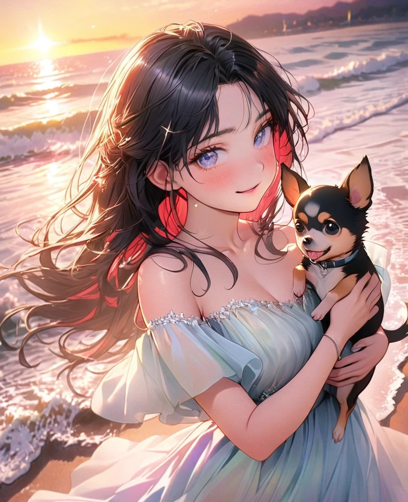 8k,Ephemeral beauty,Very delicate and beautiful,Beautiful and realistic skin,,Black Hair、Long and colorful hair,Beautiful Eyes,good,Beautiful sunset、dog(chihuahua)hug、dog cream color、Walking on the beach with my dog