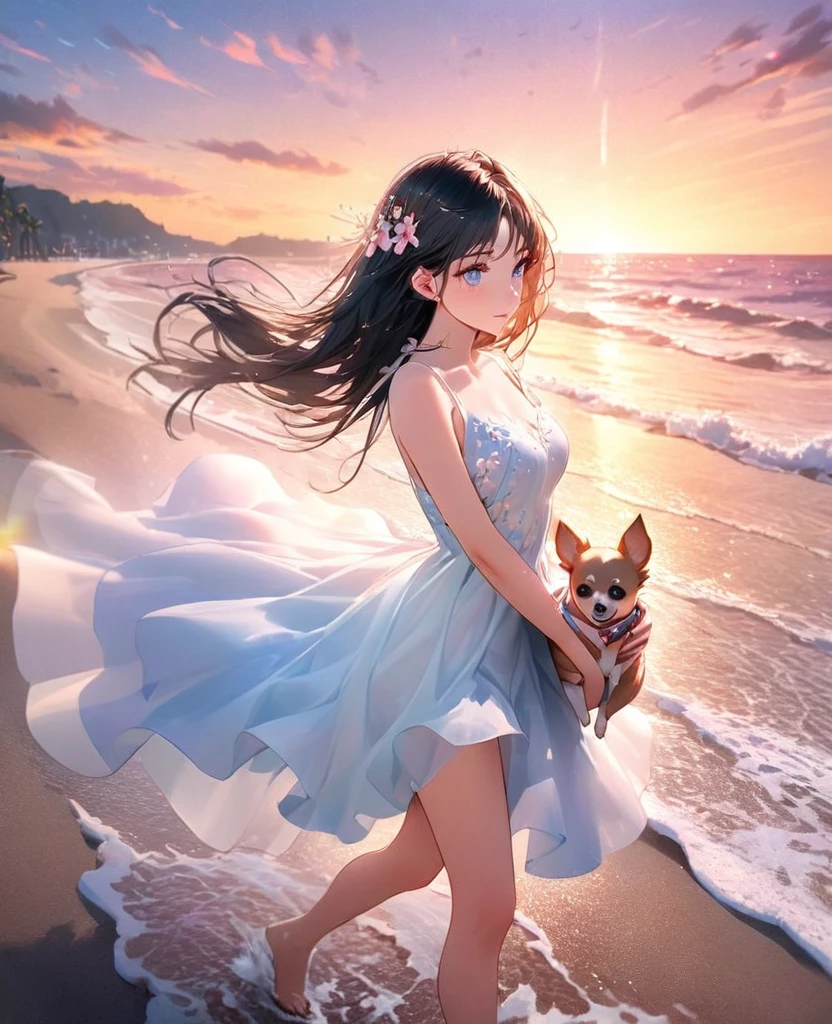 8k,Ephemeral beauty,Very delicate and beautiful,Beautiful and realistic skin,,Black Hair、Long and colorful hair,Beautiful Eyes,good,Beautiful sunset、dog(chihuahua)hug、dog cream color、Walking on the beach with my dog