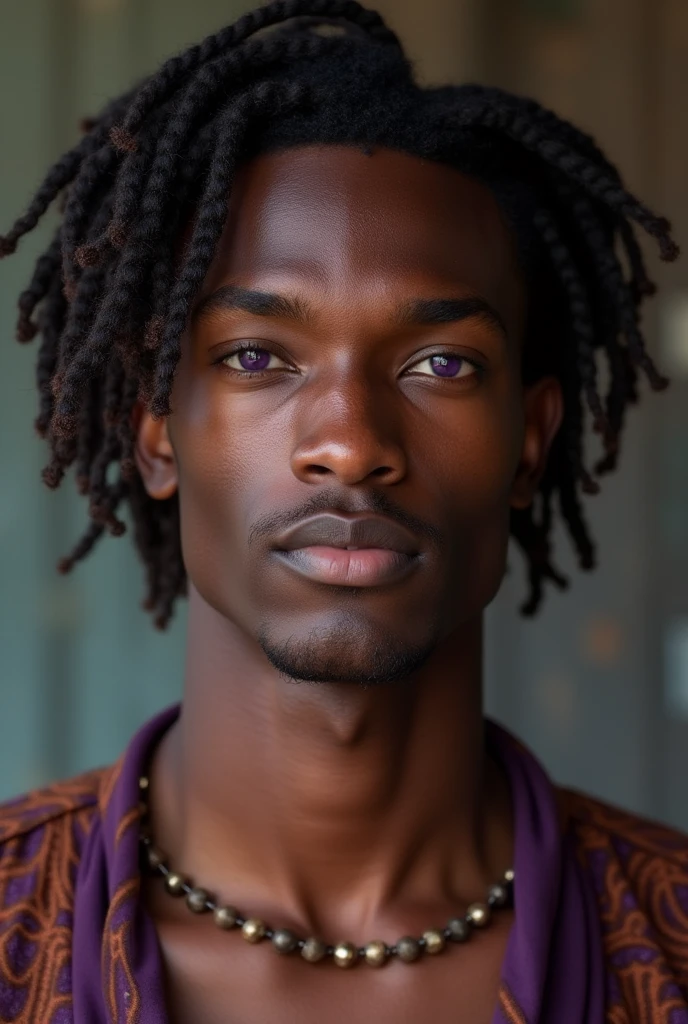 headshot of a very tall French-Nubian featured male, relaxed coiled hair side part, toned body, ebony skin, vibrant purple eyes, tall thin toned body. Kind expression. Wearing brown and purple clothes.