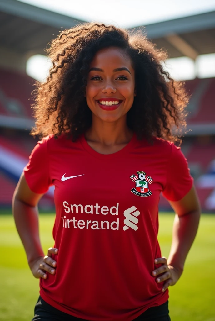 Curvy and beautiful Latina wearing a Southampton F.C shirt, extremely busty, extremely endowed, 8k, realistic