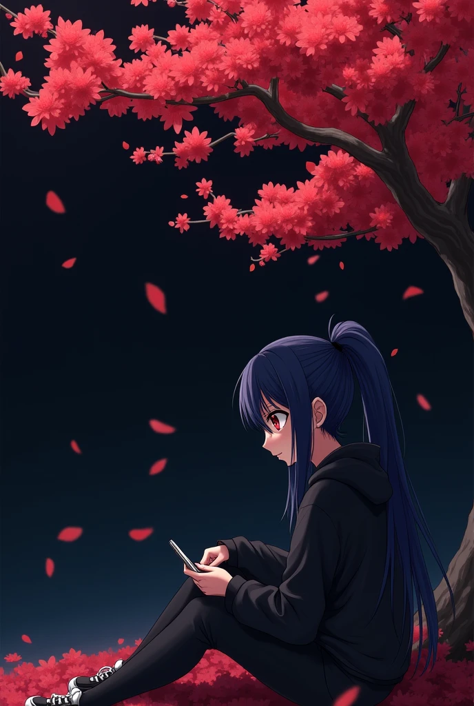 Dark background , Blossom tree theme , black , Blood red , Anime girl , dark blue hair , modern day mullet hair style , black hoodie , red eyes , almond eye , playing phone , side view