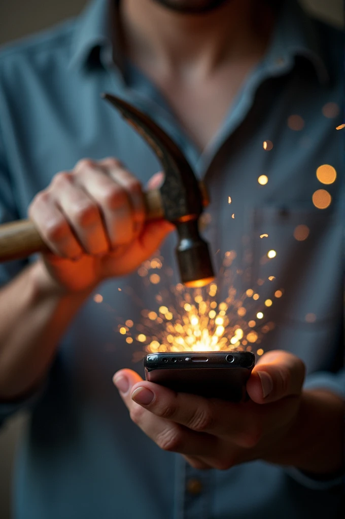 A person hitting his phone with hammer but it wouldnot break