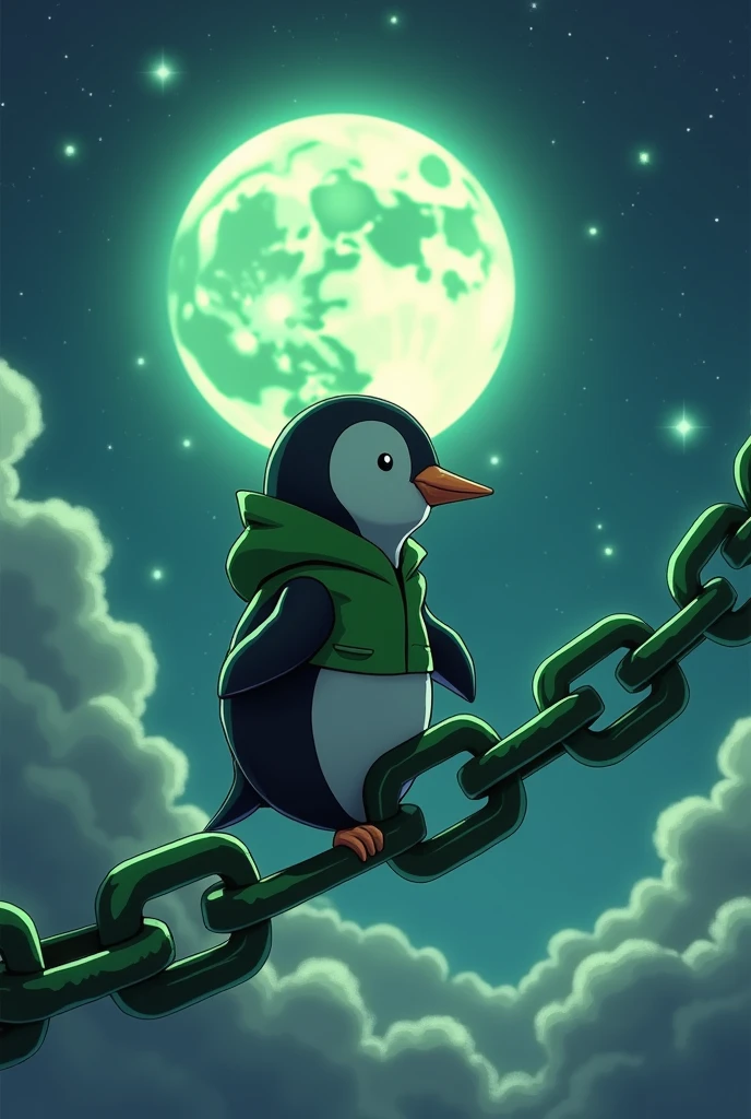 4k in anime dark art, a black white little penguin with gree jacket sitting on the green big chain word ABSTRACT chain on the word. on a moon so the aliens can see