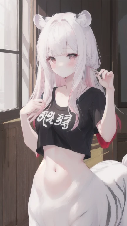 (best quality, masterpiece), 1 girl, centaur, It takes, White skin, Japanese , exposing the abdomen,belly button t-shirt, 아름다운 소녀 perfect white tiger photo, perfect white tiger photo