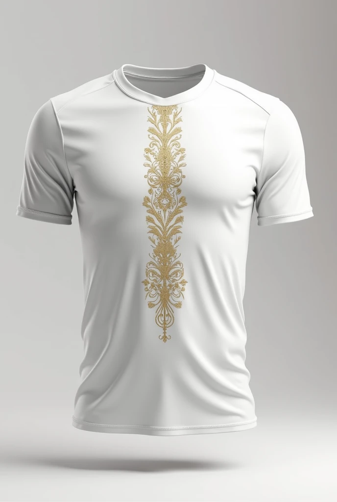 A mockup of a white and gold sports t-shirt, front and back. At the front, a white circle on the left side of the chest, and a 10 year emblem on the right side of the chest. At the front e no meio, a band of arabesques that runs from the collar to the bottom hem of the shirt, with a space in the middle to place the player's number.