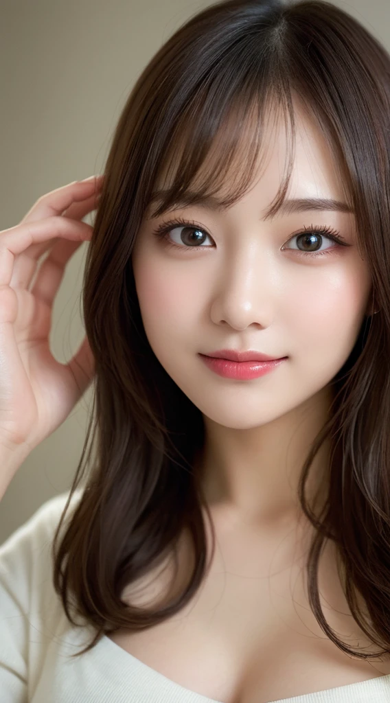 Tabletop, Highest quality, shape, Very detailed, finely, High resolution, 8k wallpaper, 完璧なダイナミックな構shape, Beautiful and detailed, Small breasts,Natural color lip, Bold sexy pose,smile、20-year-old girl、cute、sexy shot looking at camera,Always blur the background,Perfect and beautiful face,Take a picture of only the face,Beautiful and elaborate face、Slim face and figure,Big eyes、Putting on gal makeup,Actual Photos