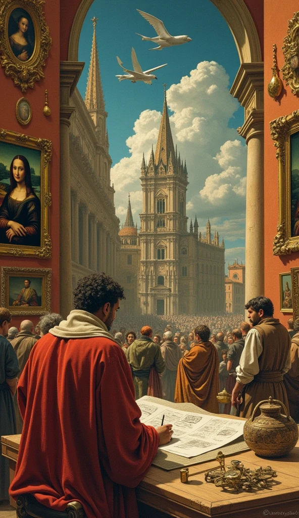 Generate a series of images depicting Leonardo da Vinci's life, including his iconic inventions like the flying machine and the Vitruvian Man, his famous paintings such as the Mona Lisa and The Last Supper, and scenes of Renaissance Italy showcasing his influence on art and science. Incorporate elements of curiosity and innovation, reflecting his legacy as a polymath."
This prompt will help you visualize the key aspects of da Vinci's contributions and life.