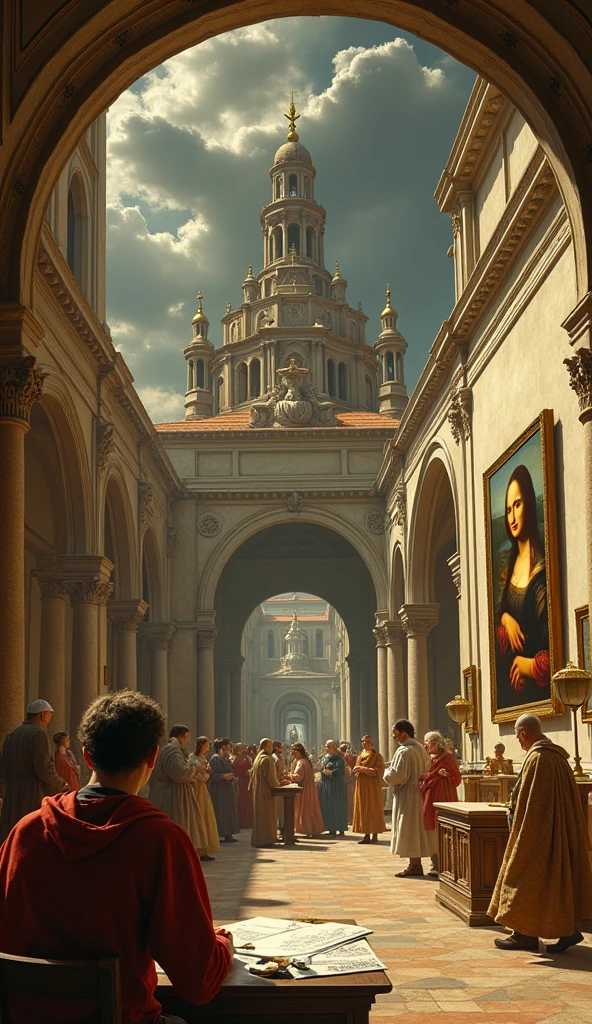 Generate a series of images depicting Leonardo da Vinci's life, including his iconic inventions like the flying machine and the Vitruvian Man, his famous paintings such as the Mona Lisa and The Last Supper, and scenes of Renaissance Italy showcasing his influence on art and science. Incorporate elements of curiosity and innovation, reflecting his legacy as a polymath."
This prompt will help you visualize the key aspects of da Vinci's contributions and life.