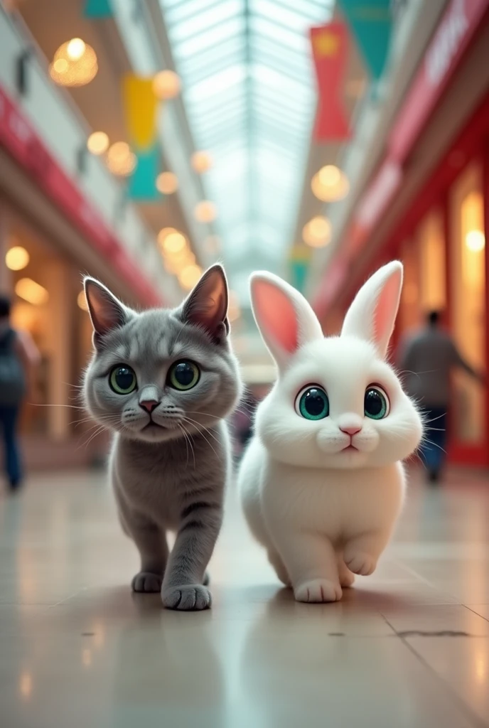 Make a gray cat with green eyes and a white rabbit with eyes going to the mall