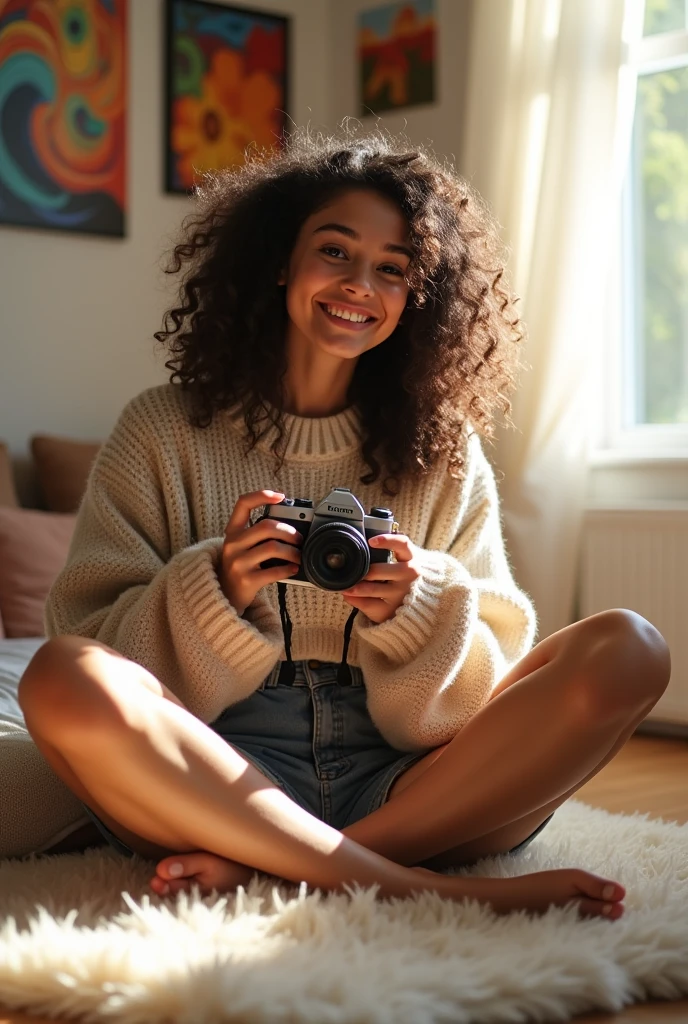 A brunette girl with curly hair and big breasts sits with her legs stretched out, taking a realistic photo