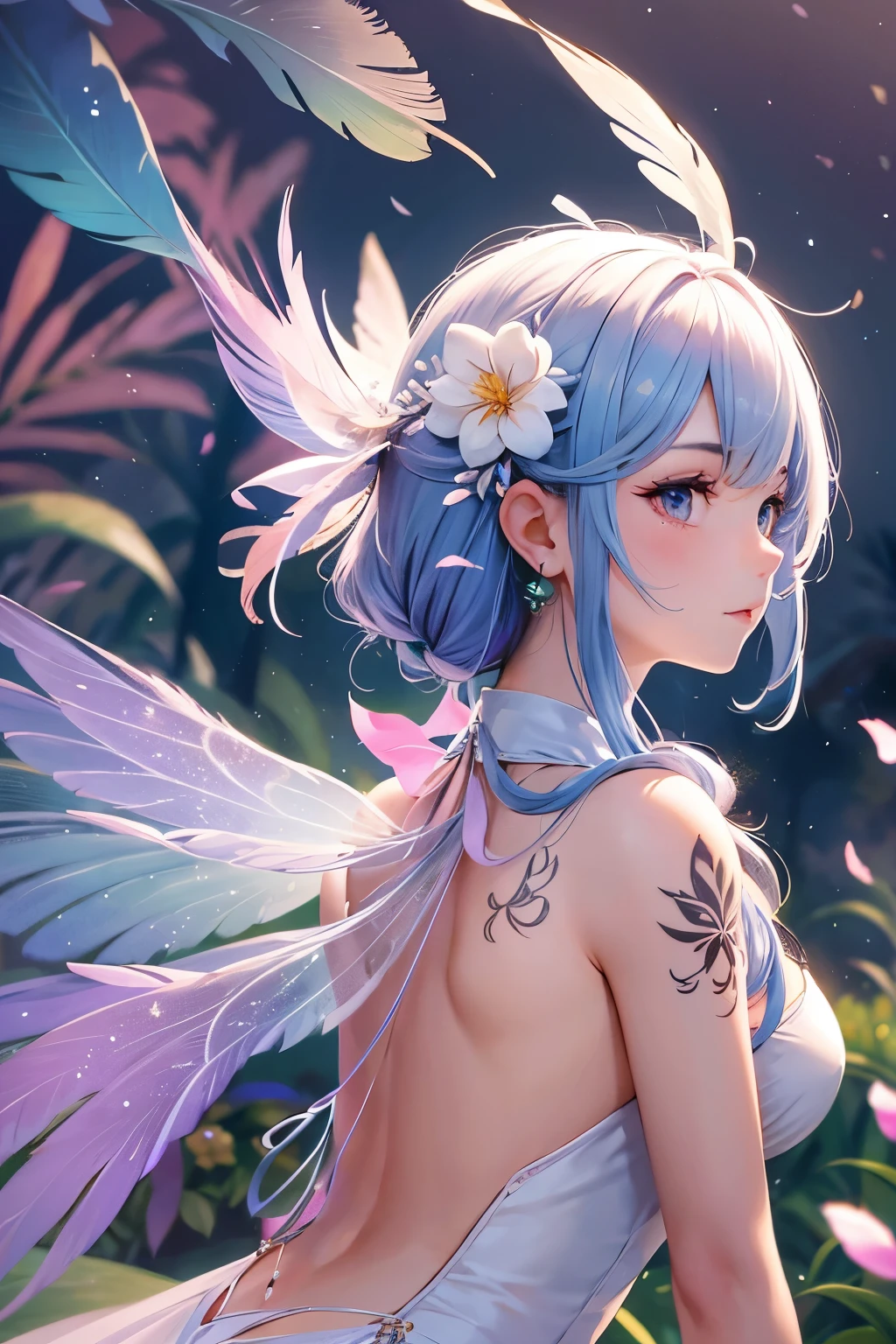 Feather Plumage on the back, drop-shaped tattoo on the cheek, a cute fairy in a beautiful flower field