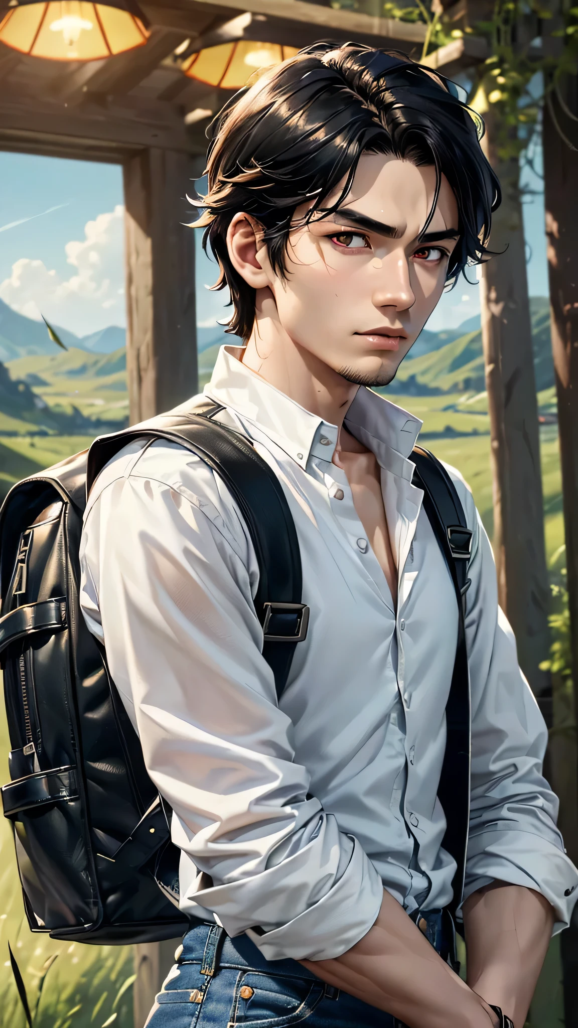 最high quality、Best image quality、masterpiece、male((18-year-old、slender、Stubble、Have a camera、White shirt、Red eyes、all back、Black Hair、Fighting Pose、Black rider jacket、Blue denim trousers、Black Rucksack、Stubble、Show the whole body))high quality、Beautiful art、background((grassland、Strong winds)),Tabletop、Exquisite design、Visual Arts、Written boundary depth、Best lighting、Highest detail、8k