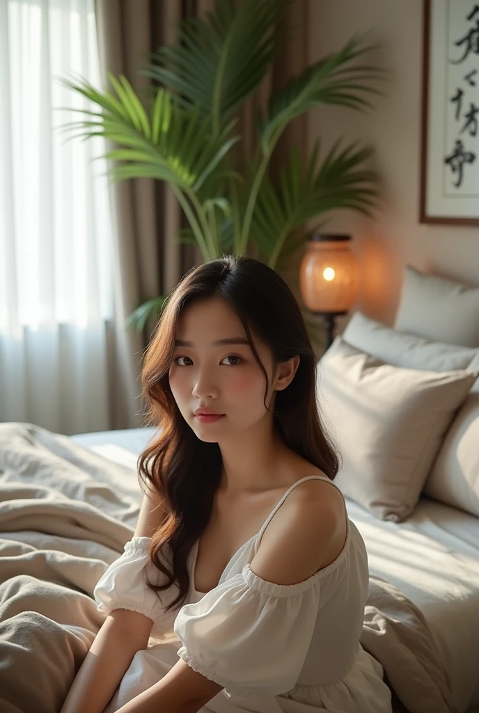 Singaporean chinese girl, age 27 in bedroom with breast shown