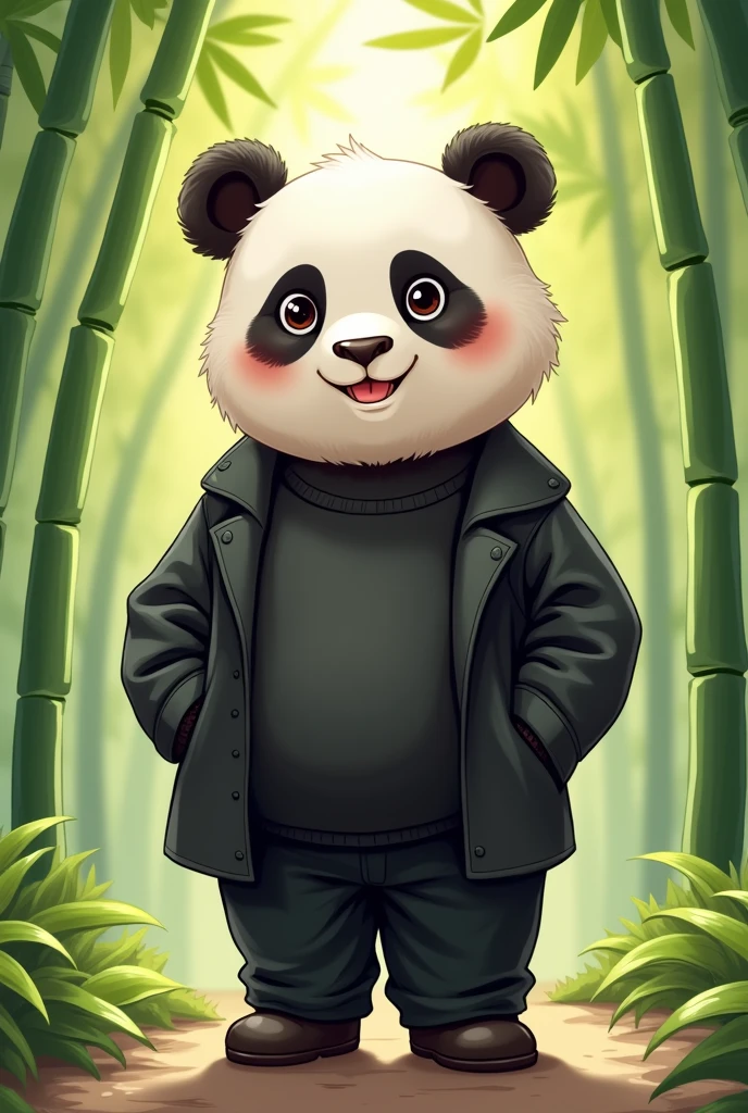 I want a picture of a cute panda bear wearing a classy outfit, a black shirt, and long pants.