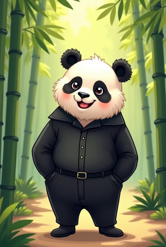 I want a picture of a cute panda bear wearing a classy outfit, a black shirt, and long pants.