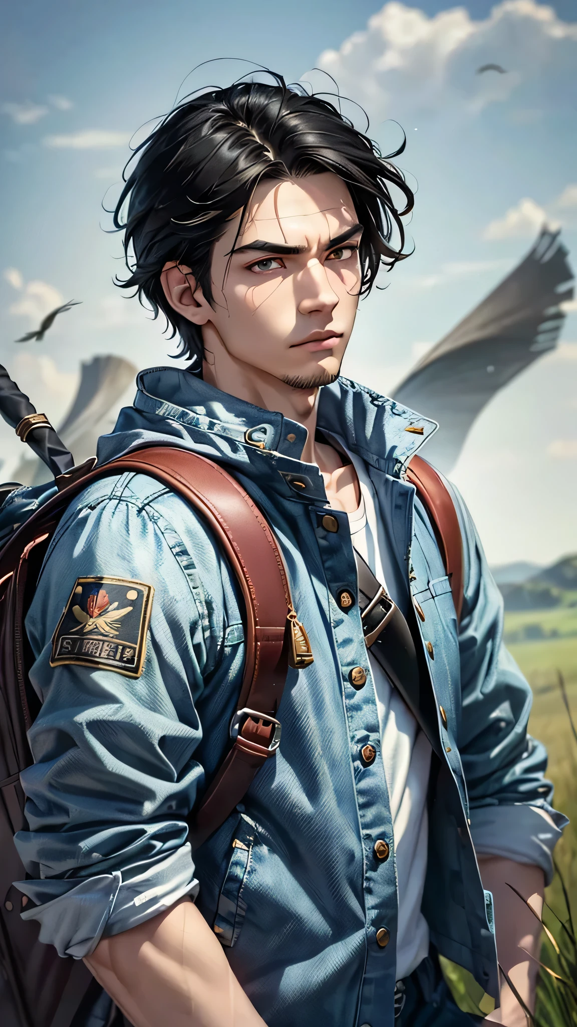 最high quality、Best image quality、masterpiece、male((18-year-old、slender、Stubble、Have a camera、White shirt、Red eyes、all back、Black Hair、Fighting Pose、Black rider jacket、Blue denim trousers、Black Rucksack、Stubble、Show the whole body))high quality、Beautiful art、background((grassland、Strong winds)),Tabletop、Exquisite design、Visual Arts、Written boundary depth、Best lighting、Highest detail、8k