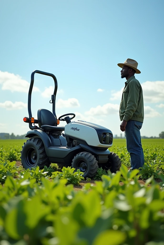 Electric small powered farm tractor, with haversting tool at the back of the tractor, show powered by the Rhiflux electro cube , battery on the front of the tractor, a black African famer standing near, with the name Rhiflux on the tractor ,with smart technology