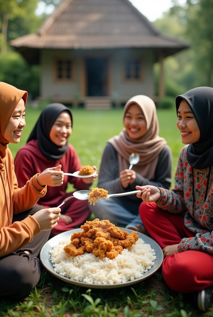 4 beautiful Indonesian women wearing hoodies, celana panjang, sitting cross-legged on the ground eating a giant plate of rice with fried chicken, right hand holding a giant spoon, facing forward, location behind the village house, minim diffect, ultra details