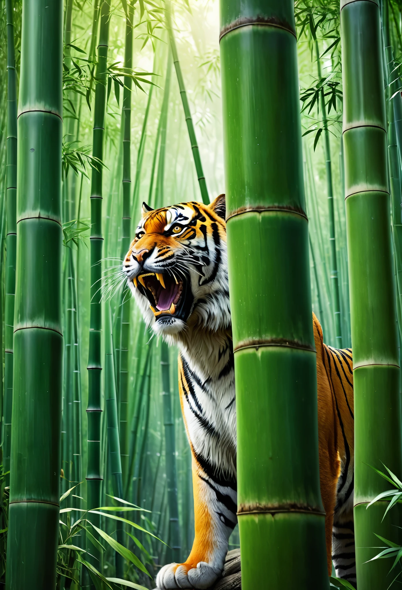 best quality, high resolution, ultra detailed, realistic, Dense bamboo forests, tigers howling, eyes glowing, fangs sharp,