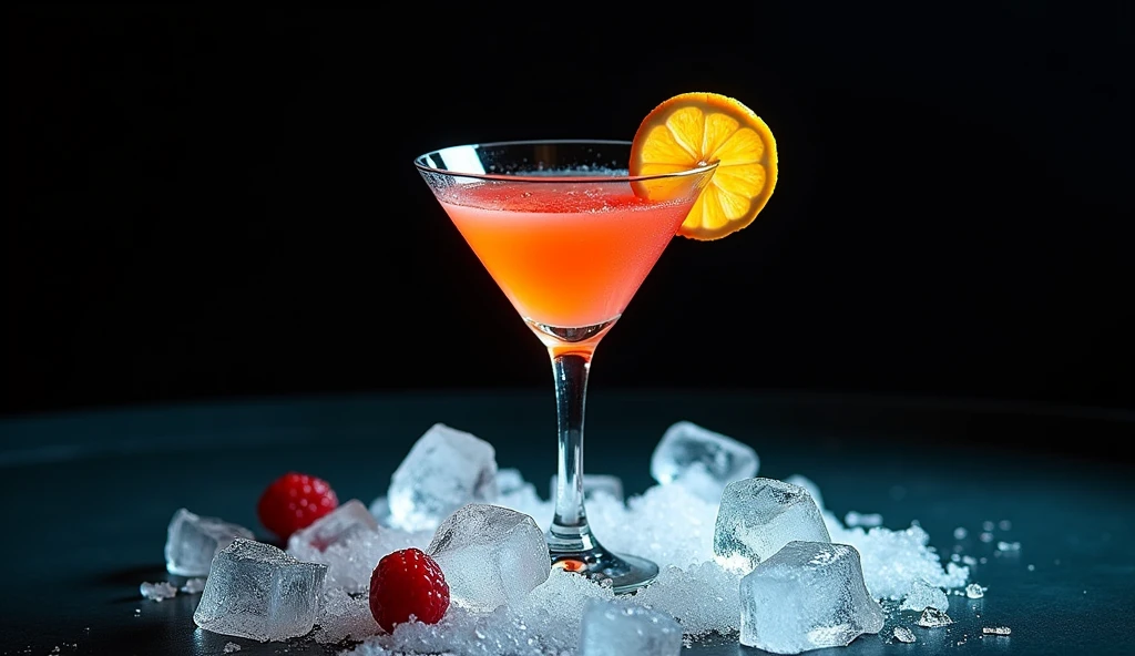 full shot photography upper angle shot with a strong accent to cocktail martini on the ice , the black background tropical aesthetics food book photography 35 mm movie frame epic scene cinematic 3d, strong 8k uhd quality