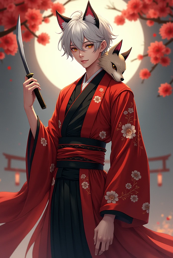 Male with white, short hair、Eyes are yellow、She is wearing a kimono.
She is wearing a fox mask on the right side of her head.、The kimono pattern is camellia。
Youth、The kimono is red and black。
The eyebrows are white.。I'm carrying a knife.
I'm handsome.。
I'd like the fox mask on my head, please.
Just a little more.、Mature atmosphere