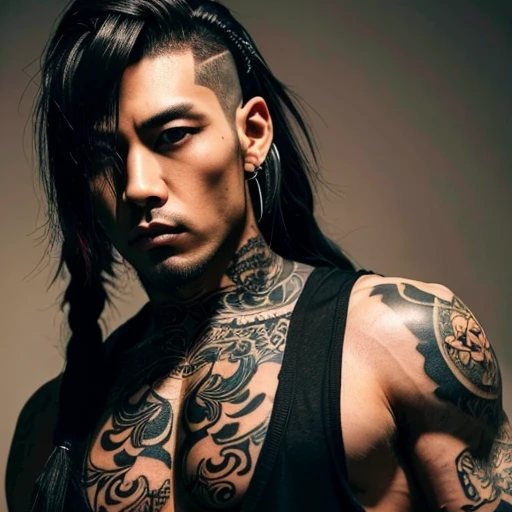 1 man, Japanese man, male, Asian eyes, muscular, broad shoulders, yakuza tattoos, hairstyle Visual Kei style, hair Visual Kei, black men's shirt and black pants, ultra detailed face, hyperrealistic, realistic representation, long hair, long hair, 30 years old, age 30 years, blonde hair, full body view