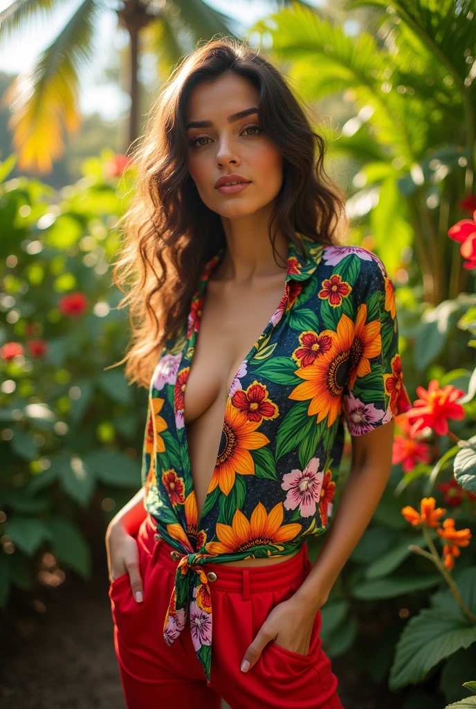 A Brazilian woman in a lush tropical garden, wearing an open shirt with a floral print, with a close-up capturing the harmonious beauty between her breasts and the natural flowers, showing off your natural charm and outgoing personality.