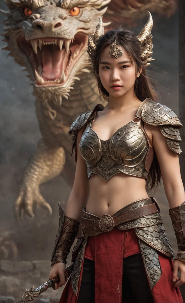 Ultra-high resolution,High-resolution details,photo (Female warrior with Chinese dragon in the background), full-body shot,20 years old woman,The face is delicate and beautiful,Very detailed, 8K, illustration, Concept Art, Clear focus, Volumetric Lighting, Epic creation,blur background