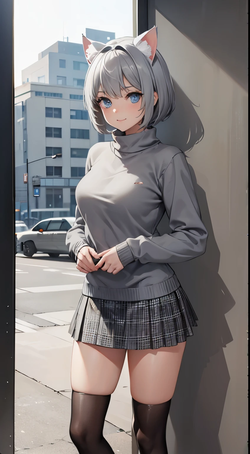 (masterpiece), (best quality), (High quality), BREAK, expressive eyes, perfect face, 1girl, (grey cat ears: 1.5), BREAK, (medium hair, grey hair, pixie cut), BREAK, (big eyes, perfect eyes, blue eyes, thick eyelashes), BREAK, (thin eyebrow), BREAK, (short height), slim bulid, BREAK, shy smile, BREAK, (medium breasts), BREAK, (grey sweater: 1.4, very thight fit: 1.6), (black and white checkered miniskirt: 1.4), BREAK, (standing, contrapposto), full body, view from front: 1.5, (city background), looking at the viewer
