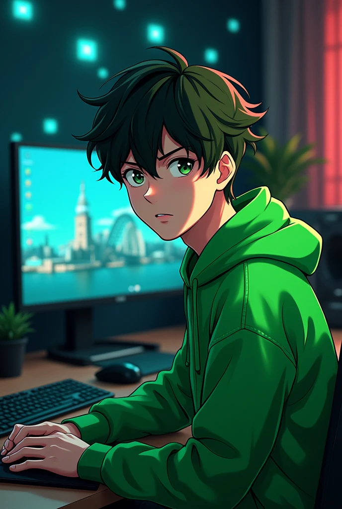 Create an anime-style image of a young male character, aged between 18 and 22, dressed in green clothing. He should be sitting in a modern editing studio, facing forward and making eye contact with the viewer. The studio should have YouTube-related elements in the background, such as play buttons or channel icons, and various editing tools like a computer, keyboard, and graphic tablet should be visible. The background should be dark with matching lighting that complements the green of the character’s clothing, creating a cohesive and atmospheric look. The character should not be looking at a computer screen but instead should be looking directly at the viewer with a focused expression.( Anime realistic 3D render )