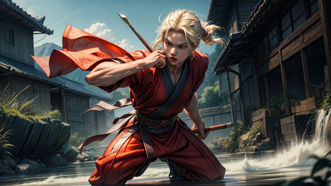 Medium shot of Korean warrior, in traditional costume, fighting pose, painting and photography style, , best quality, super real, realistic,16k, high detail, high resolution, professional, HDR, extreme detail, Movie master live image quality