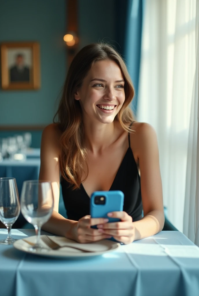 (masterpiece), (professional photo shoot), girl 20 years old, beautiful, Model appearance, smiling, happy, sitting at a table in a luxury restaurant, wearing a black evening dress, Interior of a restaurant in light blue tones, a blue tablecloth on the table, a phone in a blue case in the girl's hands, Light from the window illuminates the girl, light composition, the image of the girl takes up 1/3 parts of the image volume