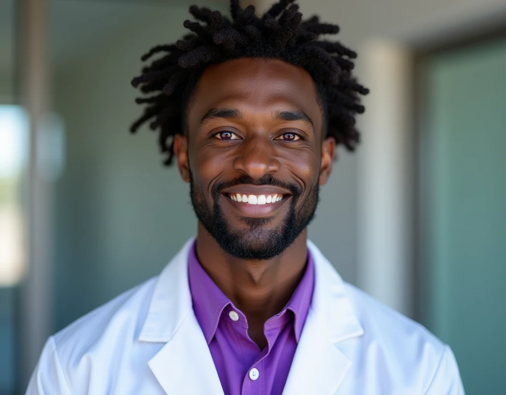 Professional work headshot of a very tall French-Nubian featured male, relaxed coiled hair side part, toned body, ebony skin, vibrant purple eyes, tall thin toned body. Kind expression. Wearing purple shirt under white doctor coat.