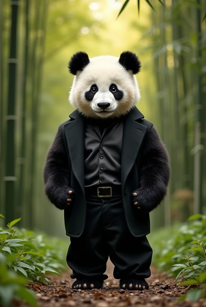 I want a picture of a panda bear wearing a classy outfit, a black shirt, and long pants.