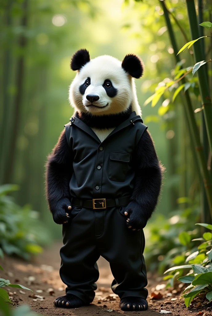 I want a picture of a panda bear wearing a classy outfit, a black shirt, and long pants.