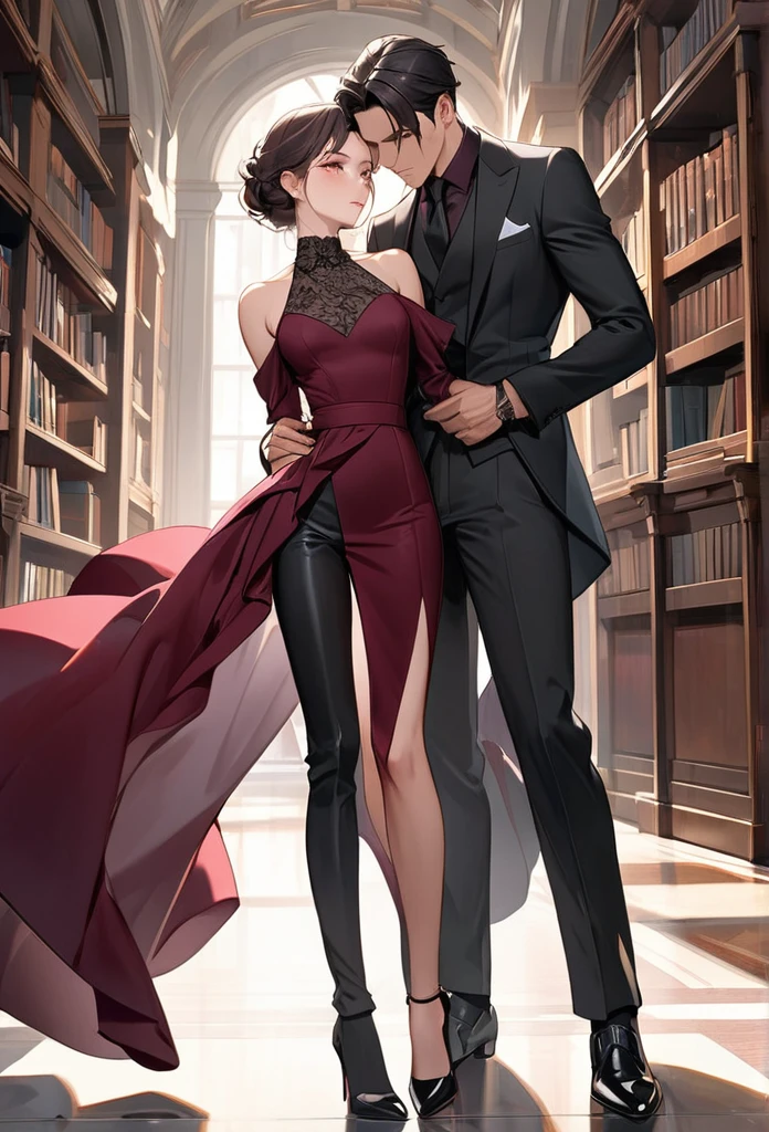 In this captivating anime scene, a couple is depicted in a moment of contrasting emotions and styles, set against the backdrop of a library. The woman, with her long straight black hair, exudes sophistication in her chic and refined attire. She is dressed in a flowing maroon blouse tailored to perfection, paired with high-waisted black trousers that elongate her silhouette. Completing her ensemble are sleek black heels with delicate straps, adding a touch of understated glamour to her polished look. The combination of maroon and black conveys a sense of timeless elegance that perfectly complements her poised demeanor.
On the other hand, the man stands behind her, showcasing his longing gaze as he holds her in a back hug. With semi-long dark brown hair and clad in a sleek all-black ensemble, including a classic tailored suit and leather Oxford shoes, he radiates confidence and refined charm. The sharp lines of his suit jacket and trousers emphasize his attention to detail and polished style, mirroring the sophistication of the woman's outfit. The contrasting emotions between the man's longing expression and the woman's cold demeanor create a tension that adds depth to the scene, enhancing the visual storytelling in this library setting.