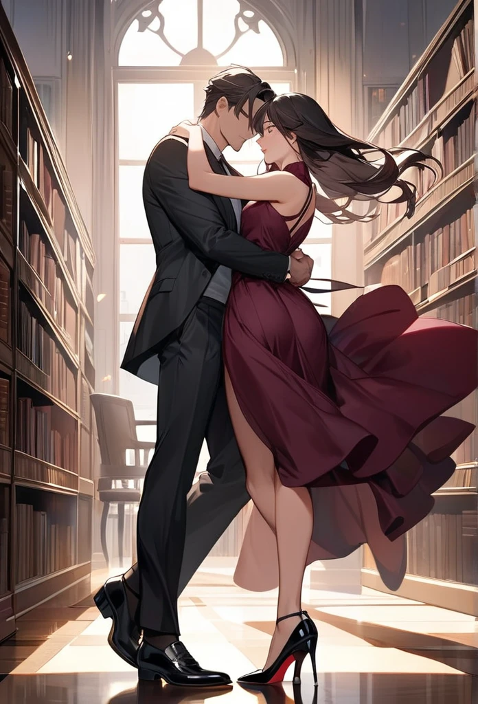 In this captivating anime scene, a couple is depicted in a moment of contrasting emotions and styles, set against the backdrop of a library. The woman, with her long straight black hair, exudes sophistication in her chic and refined attire. She is dressed in a flowing maroon blouse tailored to perfection, paired with high-waisted black trousers that elongate her silhouette. Completing her ensemble are sleek black heels with delicate straps, adding a touch of understated glamour to her polished look. The combination of maroon and black conveys a sense of timeless elegance that perfectly complements her poised demeanor.
 
On the other hand, the man stands behind her, showcasing his longing gaze as he holds her in a back hug. With semi-long dark brown hair and clad in a sleek all-black ensemble, including a classic tailored suit and leather Oxford shoes, he radiates confidence and refined charm. The sharp lines of his suit jacket and trousers emphasize his attention to detail and polished style, mirroring the sophistication of the woman's outfit. The contrasting emotions between the man's longing expression and the woman's cold demeanor create a tension that adds depth to the scene, enhancing the visual storytelling in this library setting.