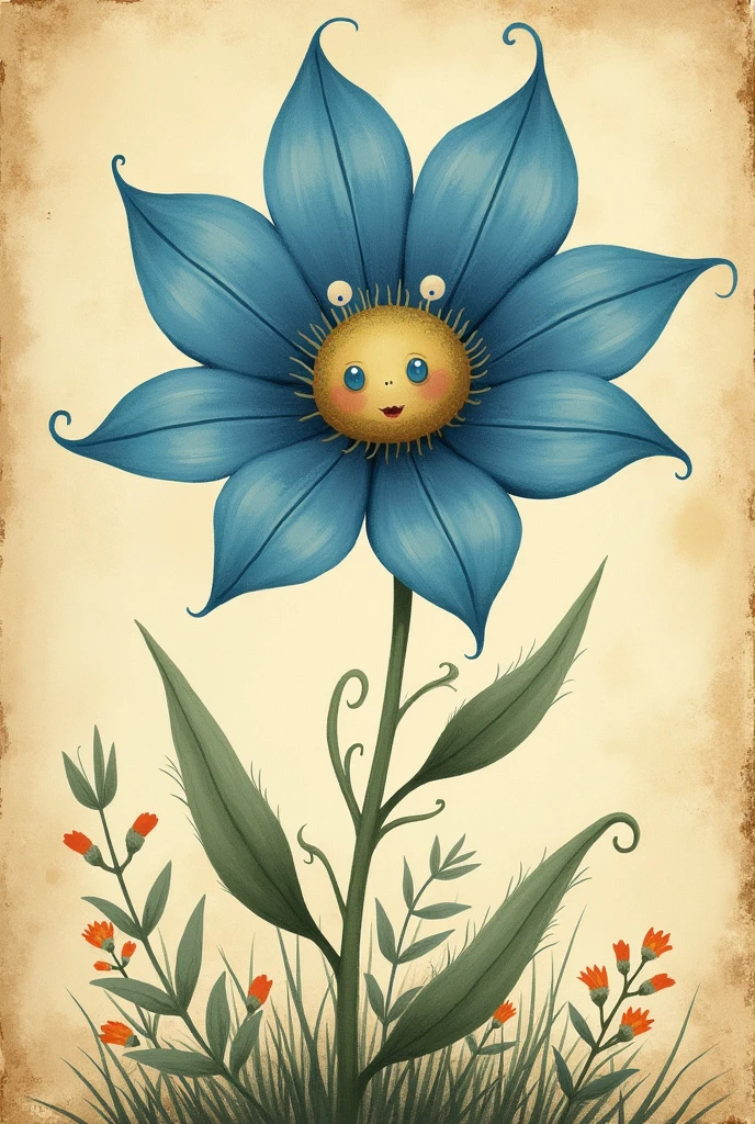 An illustration of a flower with blue petals and a sad face, book styles , vintage illustration 