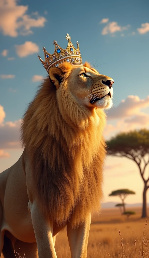 Generate a super ultra realistic 8k image of a strong and beautiful lioness with a crown on her head looking at the sky