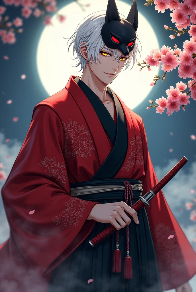 Male with white, short hair、Eyes are yellow、She is wearing a kimono.
She is wearing a fox mask on the right side of her head.、The kimono pattern is camellia。
Youth、The kimono is red and black。
The eyebrows are white.。I'm carrying a knife.
I'm handsome.。
I'd like the fox mask on my head, please.
Just a little more.、A mature look with a samurai kimono