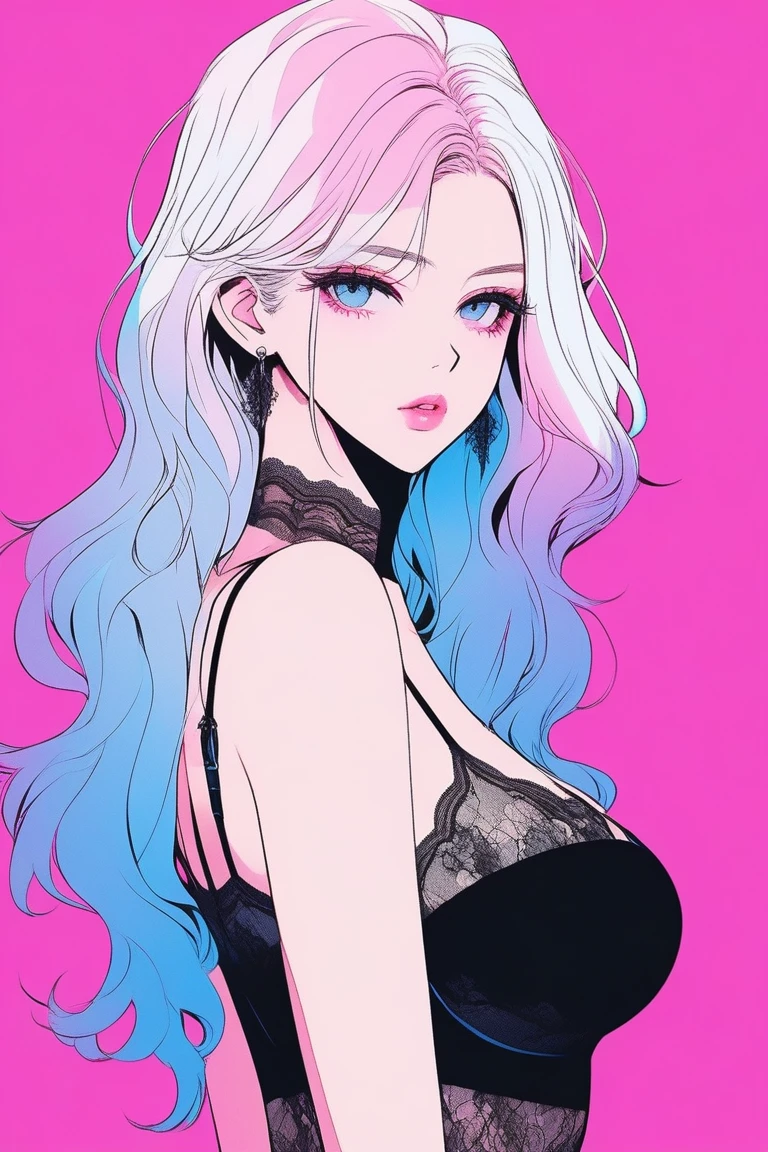 Illustrator, anime , Realistic ,sketch , 1 person, model, Age 25, lip, sheer chiffon mini dress, order, Blue gradient background, Neon Medium Hair, Big Breasts, look back, Tabletop, Sexy look, Texture Trim, Canadian, (masterpiece,Highest quality)