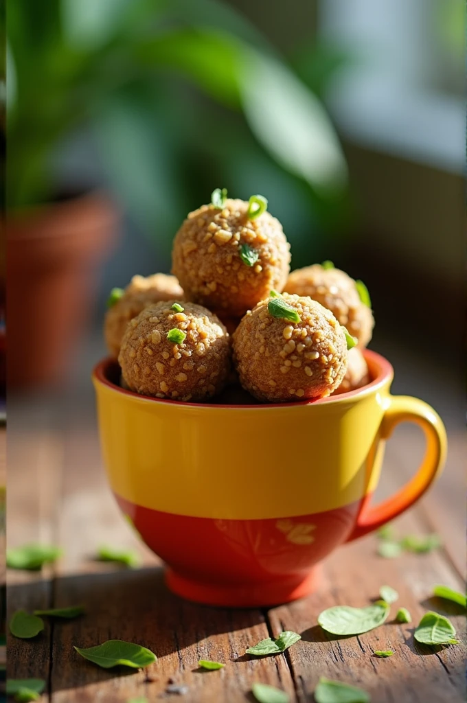 generate a picture of Pili Pulp Bites with Malunggay Crunch in a cup