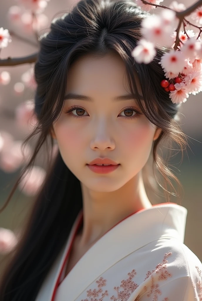 An elegantly dressed Japanese woman in natural light、A close-up of her chest and calm expression.、It shows her inner peace and outer charm.。