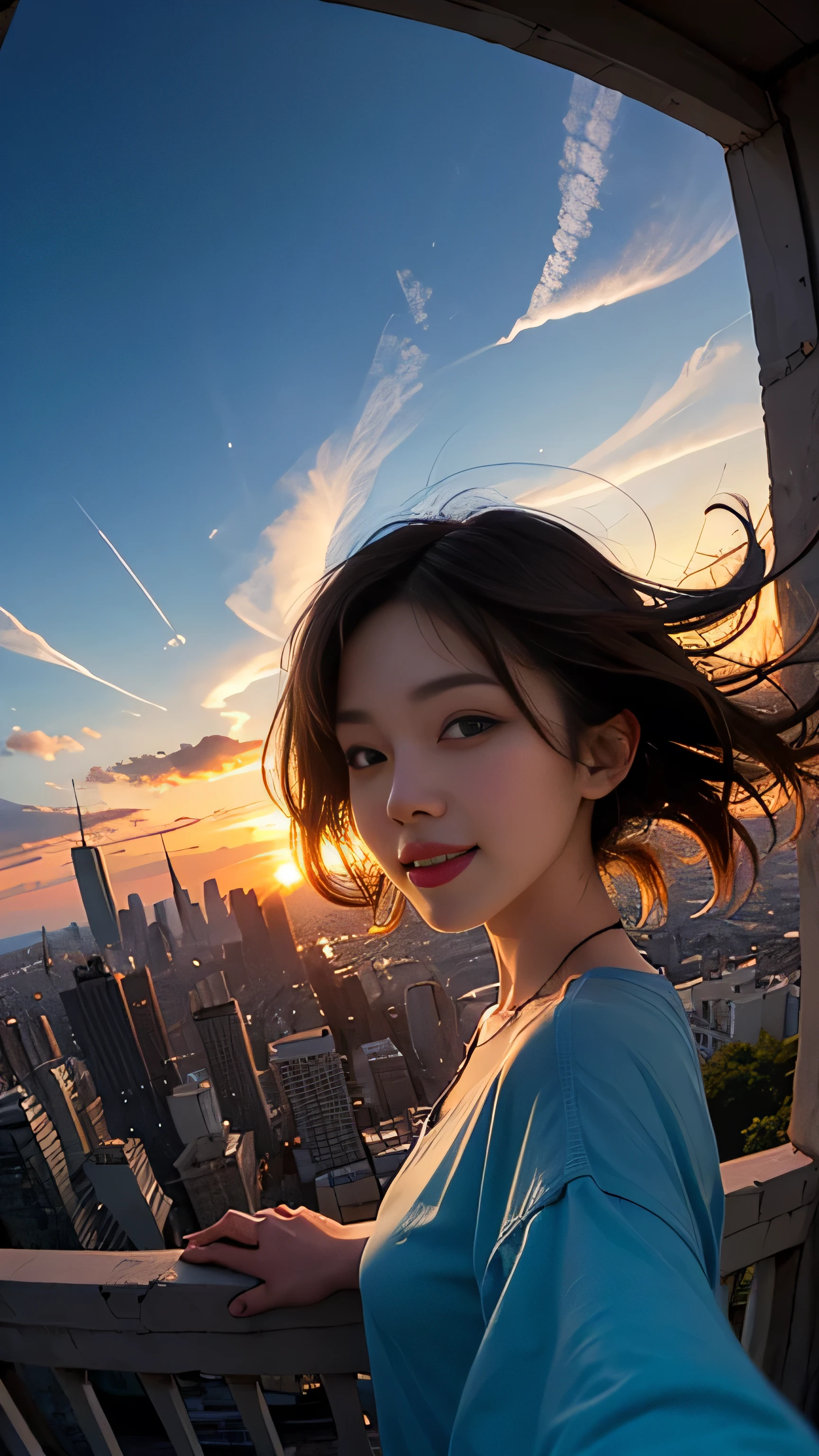 One girl, Korean, Fisheye Lens, Selfie, Wind, Messy Hair, sunset, Cityscape, (Aesthetics and atmosphere:1.2),smile