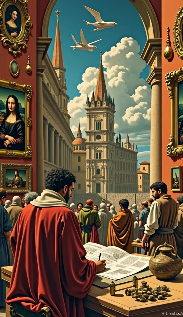Generate a series of images depicting Leonardo da Vinci's life, including his iconic inventions like the flying machine and the Vitruvian Man, his famous paintings such as the Mona Lisa and The Last Supper, and scenes of Renaissance Italy showcasing his influence on art and science. Incorporate elements of curiosity and innovation, reflecting his legacy as a polymath."
This prompt will help you visualize the key aspects of da Vinci's contributions and life.