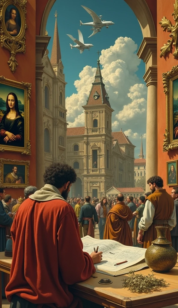 Generate a series of images depicting Leonardo da Vinci's life, including his iconic inventions like the flying machine and the Vitruvian Man, his famous paintings such as the Mona Lisa and The Last Supper, and scenes of Renaissance Italy showcasing his influence on art and science. Incorporate elements of curiosity and innovation, reflecting his legacy as a polymath."
This prompt will help you visualize the key aspects of da Vinci's contributions and life.