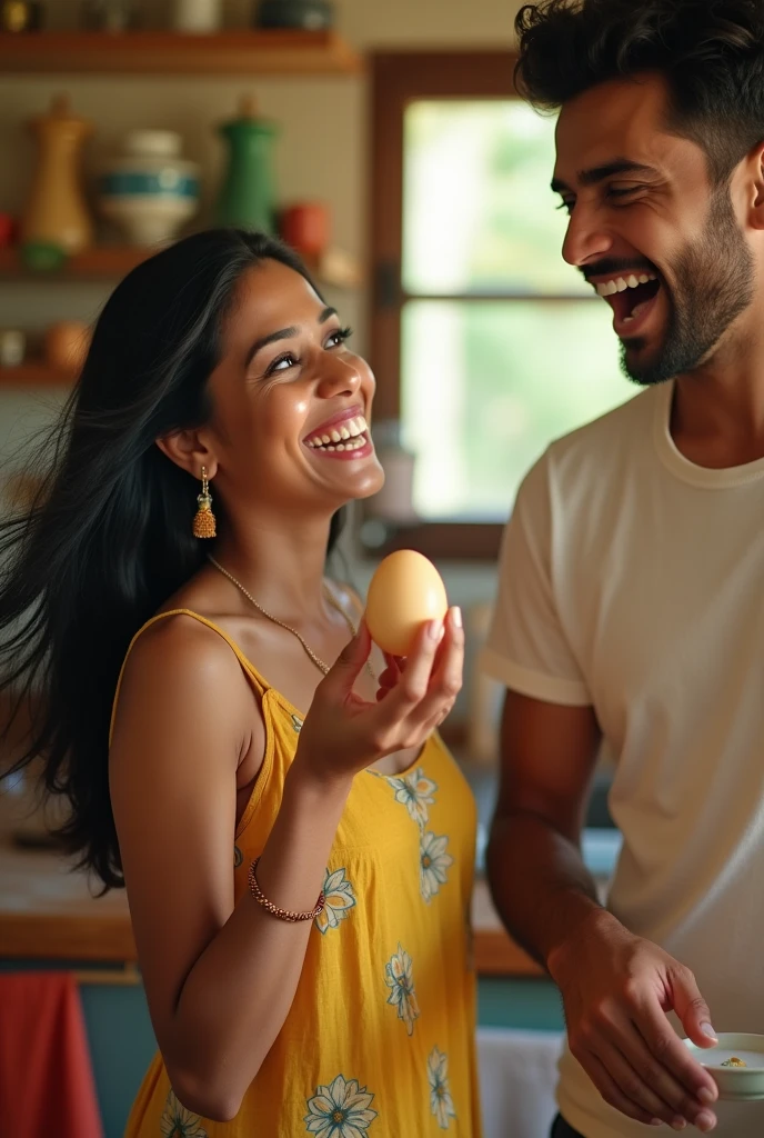 sri lankan Tall woman black hair, fair in complexion , nice smile, widely surprised as fuck ,big eyes having known that there is a egg york inside egg, 😱
She shows it to her boyfriend and the boyfriend jumps up happily