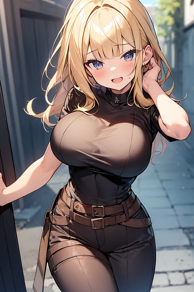 (Masterpiece, Top quality:1.5), nsfw, (dynamic angle:1.2), (1 beautiful girl, solo:1.2), dynamic pose, (Blonde hair:1.3), ponytail, medium Hair, wavy Hair, asymmetry bangs, swept bangs, airy hair, (large breasts:1.2), 14 year old, (hot pants:1.3), smile:1.3, blush:1.4, beautiful scene of narrow alley, magnificent panorama view, blurry background ,open mouth