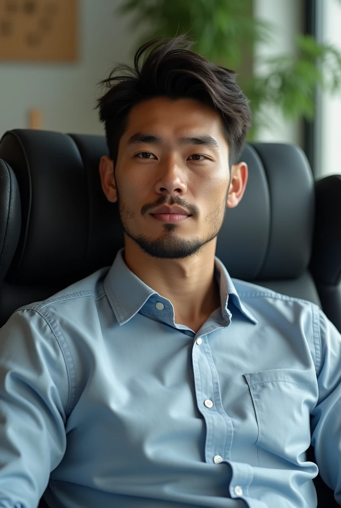 A 28-year-old Japanese man is sitting in a company chair.、The aura of a kind father、The eyes are double、Short Hair、Sunburn、Facing forward.
No beard.